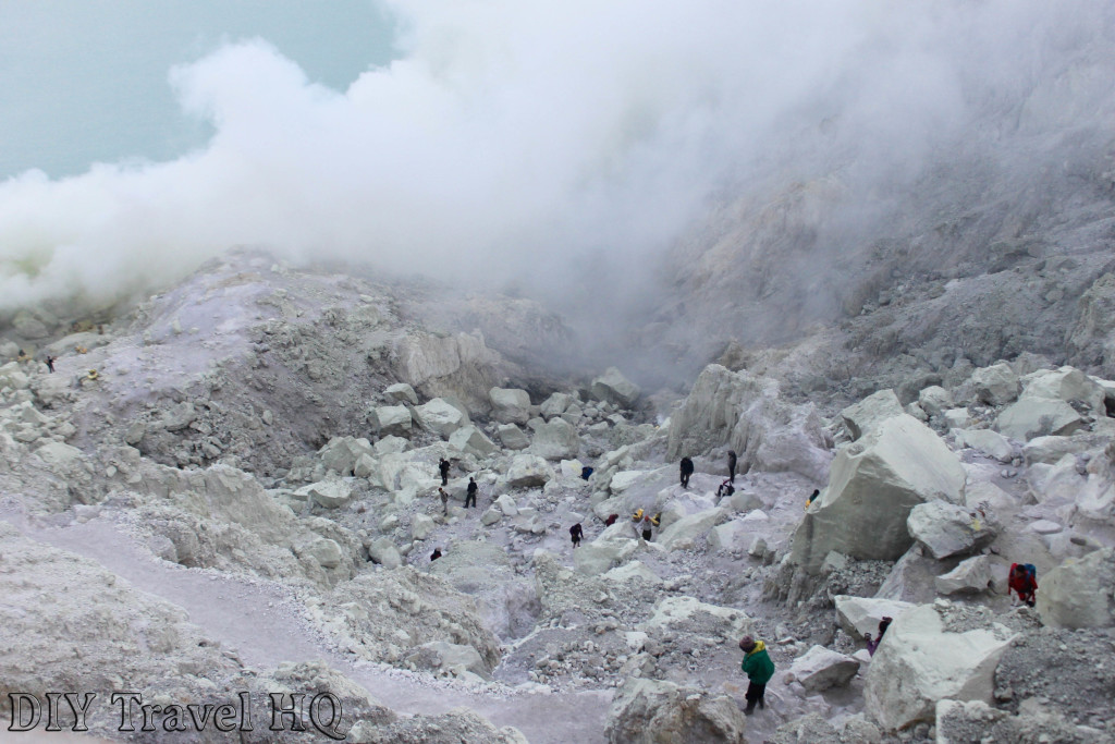 Sulphuric gas over tourists on Mt Ijen