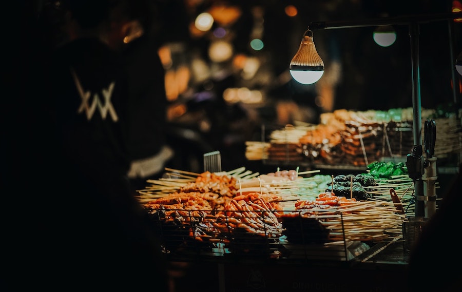 Street food skewers at night market