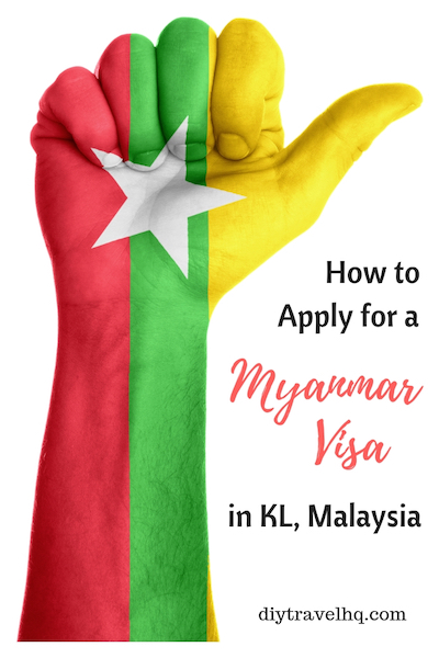 Thumb pointed up & arm painted in Myanmar flag colours