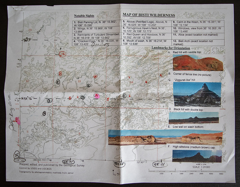 Bisti Badlands Hiking Map with GPS Coordinates