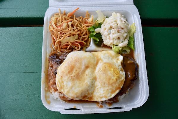 Loco Moco plate lunch - mix of dishes in styrofoam box