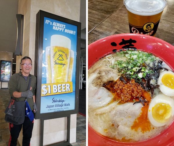 Collage of man with beer poster and bowl of ramen with beer - Oahu restaurants